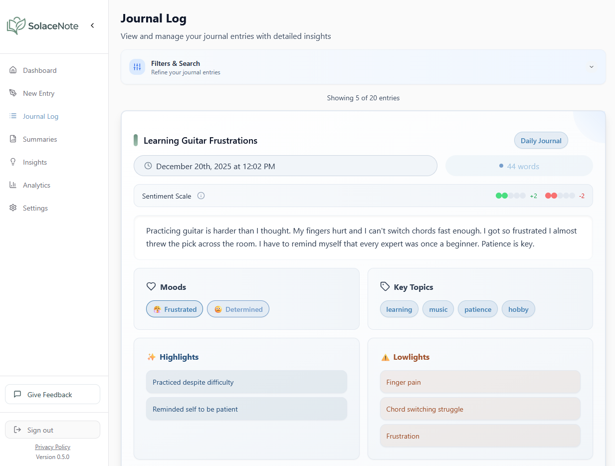 SolaceNote Journal Dashboard